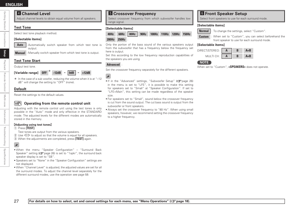 Hfront speaker setup, Gcrossover frequency, Fchannel level | Denon AVR-789 User Manual | Page 30 / 95