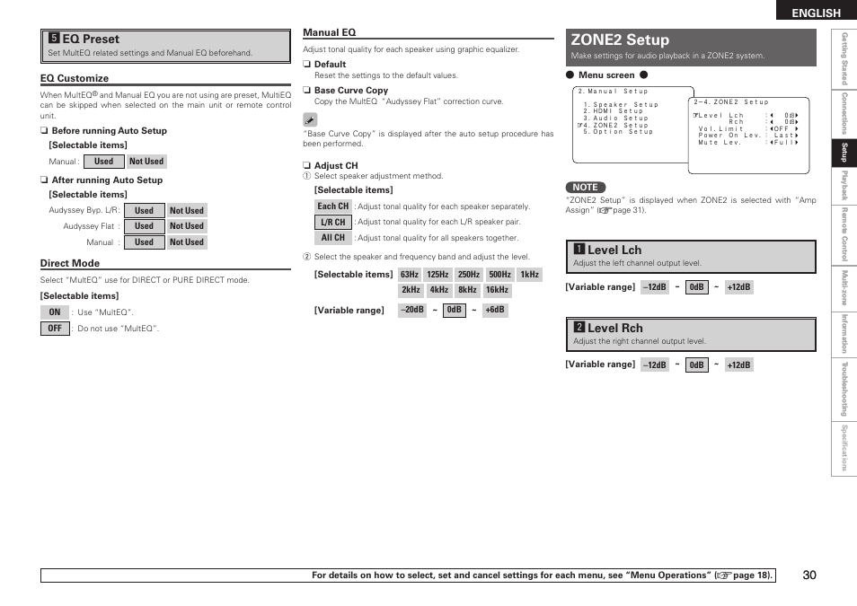 Zone2 setup, Geq preset, Alevel lch | Slevel rch | Denon AVR-789 User Manual | Page 33 / 95