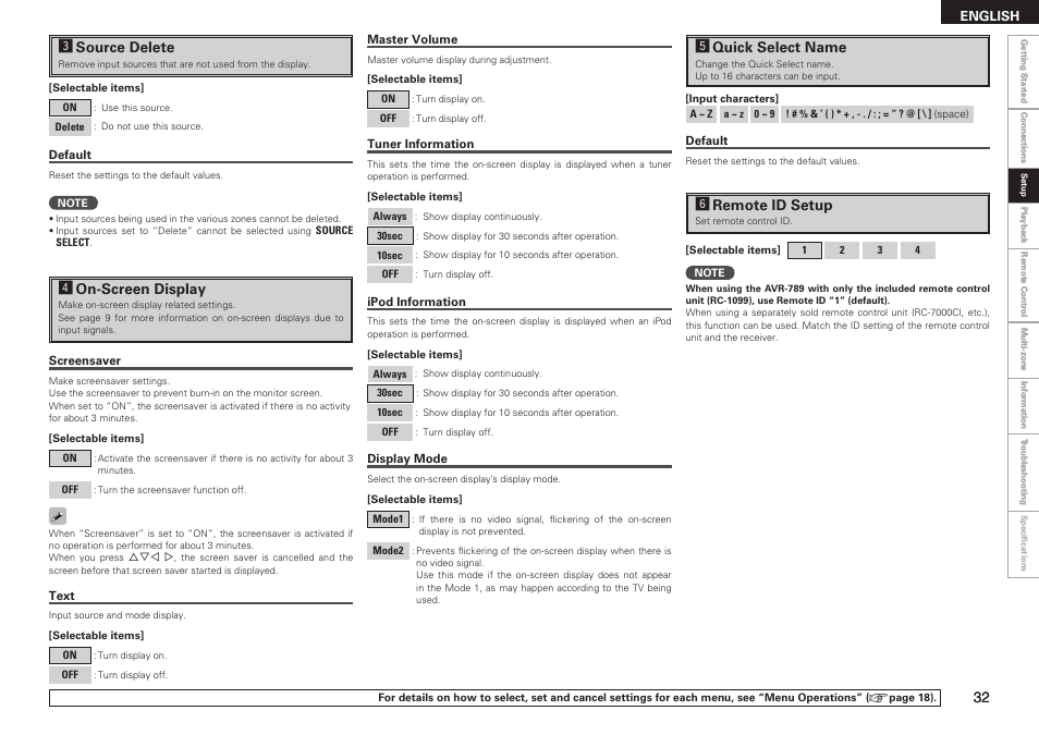 Dsource delete, Fon-screen display, Gquick select name | Hremote id setup | Denon AVR-789 User Manual | Page 35 / 95