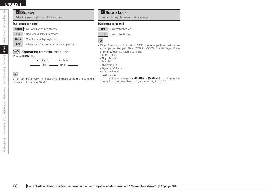 Jdisplay, Ksetup lock | Denon AVR-789 User Manual | Page 36 / 95