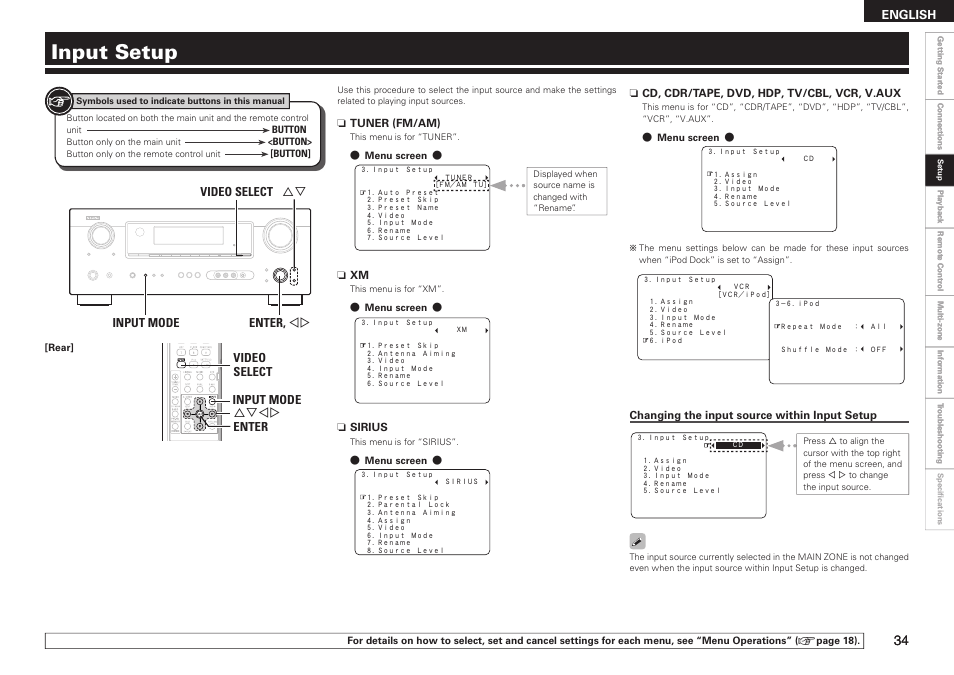 Input setup, English | Denon AVR-789 User Manual | Page 37 / 95