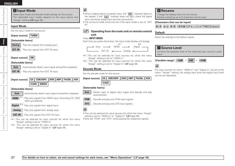 Hrename, Jsource level, Ginput mode | Denon AVR-789 User Manual | Page 40 / 95