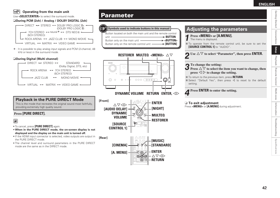 Parameter, Adjusting the parameters | Denon AVR-789 User Manual | Page 45 / 95