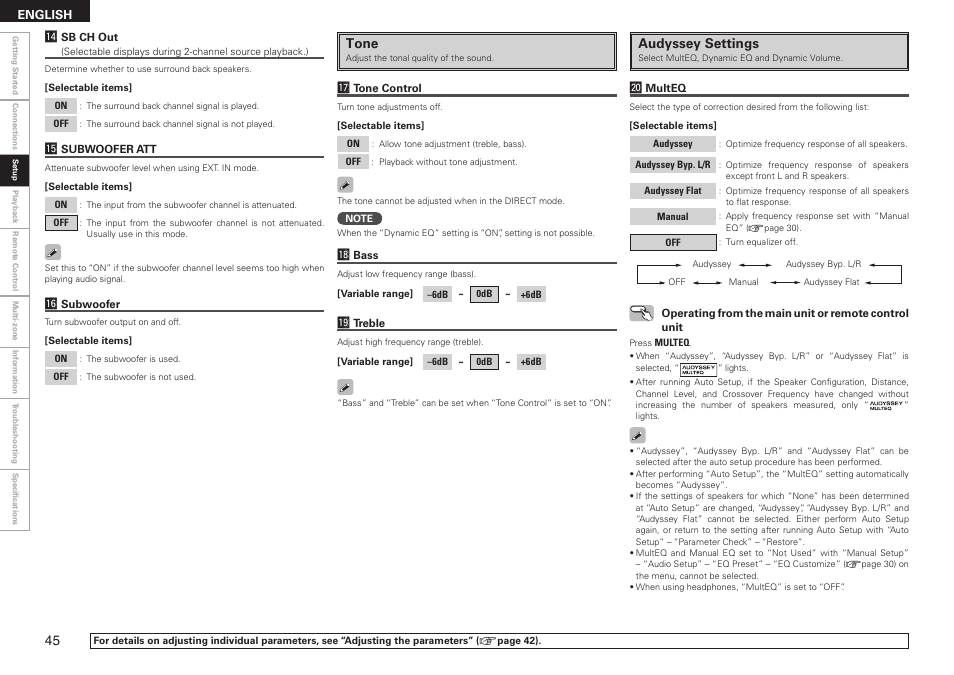 Tone, Audyssey settings | Denon AVR-789 User Manual | Page 48 / 95