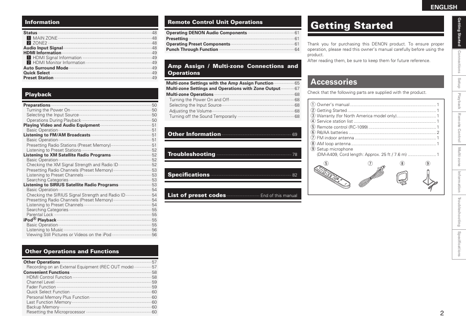 Getting started, Accessories | Denon AVR-789 User Manual | Page 5 / 95