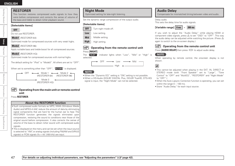 Restorer, Night mode, Audio delay | Denon AVR-789 User Manual | Page 50 / 95