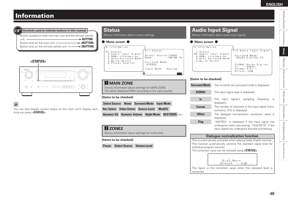 Information, Status, Audio input signal | Amain zone, Szone2 | Denon AVR-789 User Manual | Page 51 / 95