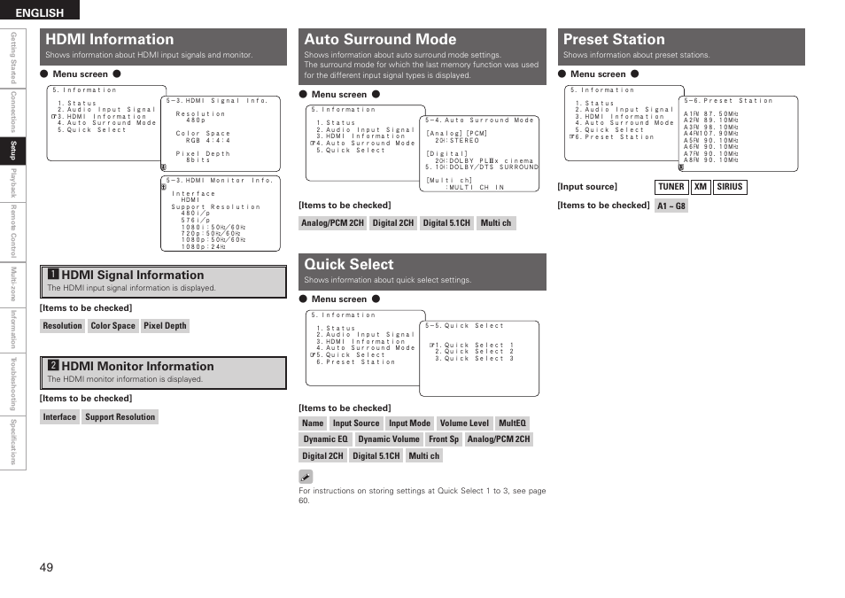 Hdmi information, Auto surround mode, Preset station | Quick select, Ahdmi signal information, Shdmi monitor information, English | Denon AVR-789 User Manual | Page 52 / 95