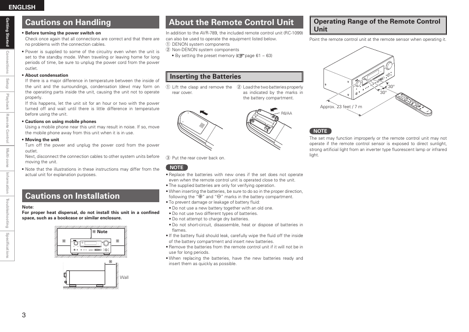 Inserting the batteries, Operating range of the remote control unit | Denon AVR-789 User Manual | Page 6 / 95