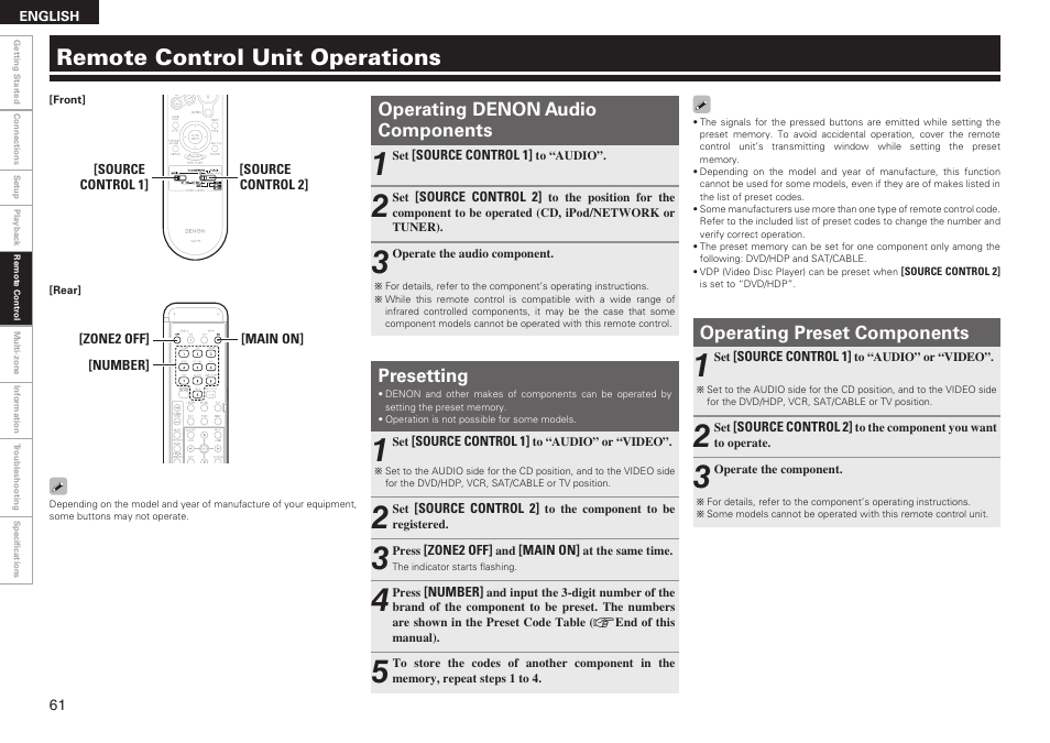 Remote control unit operations, Operating denon audio components presetting, Operating preset components | Denon AVR-789 User Manual | Page 64 / 95