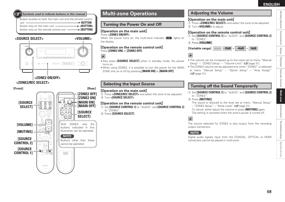 Multi-zone operations, Turning the power on and off, Selecting the input source | Adjusting the volume, Turning off the sound temporarily | Denon AVR-789 User Manual | Page 71 / 95