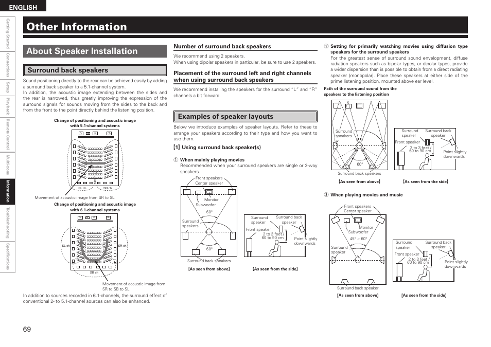 Other information, About speaker installation, Surround back speakers | Examples of speaker layouts, English, Number of surround back speakers | Denon AVR-789 User Manual | Page 72 / 95