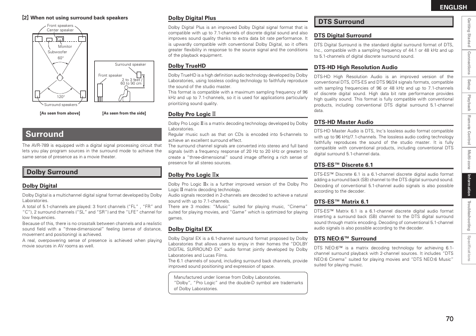 Surround, Dolby surround, Dts surround | Denon AVR-789 User Manual | Page 73 / 95