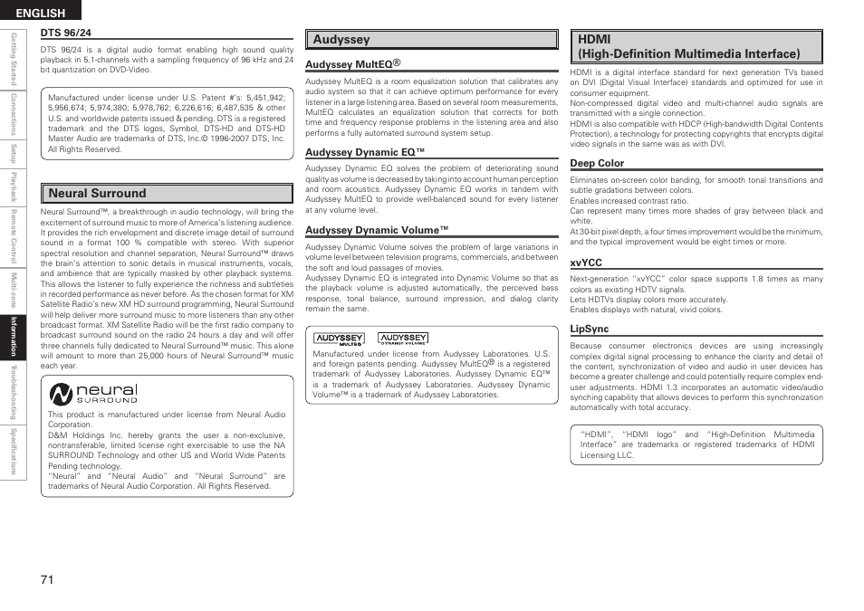 Neural surround, Audyssey, Hdmi (high-definition multimedia interface) | Denon AVR-789 User Manual | Page 74 / 95