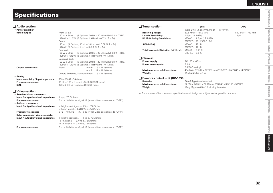 Specifications, English | Denon AVR-789 User Manual | Page 85 / 95