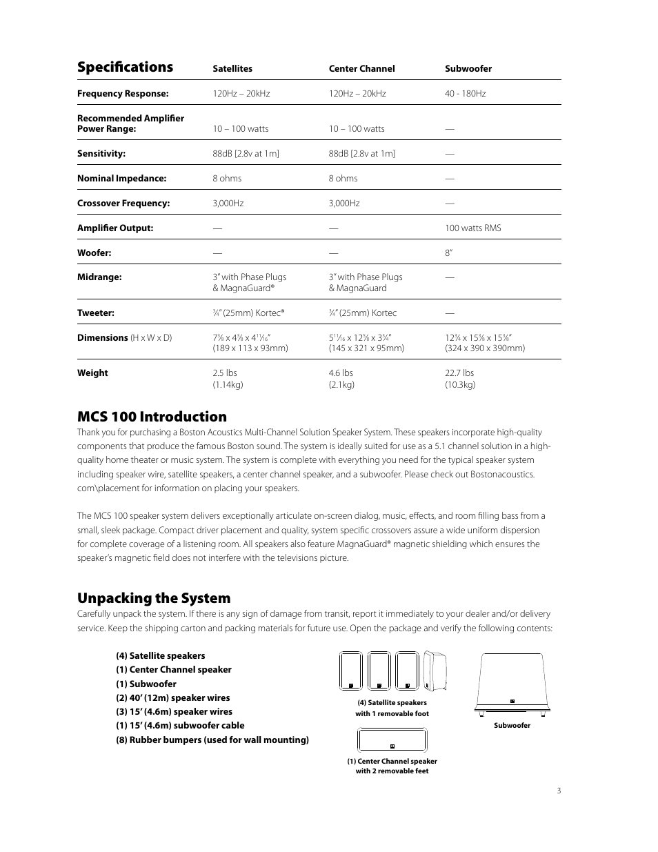 Mcs 100 introduction, Unpacking the system, Specifications | Denon AVR-789 User Manual | Page 91 / 95