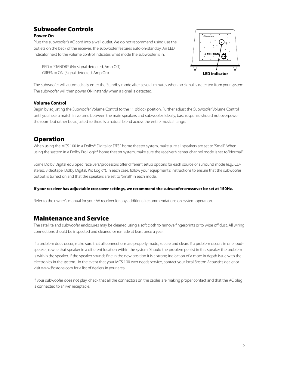 Subwoofer controls, Operation, Maintenance and service | Denon AVR-789 User Manual | Page 93 / 95