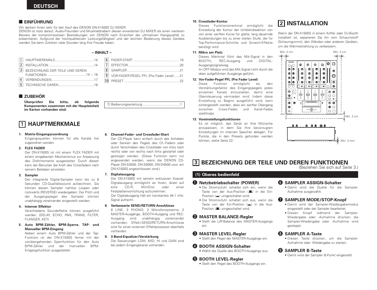 Hauptmerkmale, Installation, Bezeichnung der teile und deren funktionen | Denon DN-X1500S User Manual | Page 14 / 78