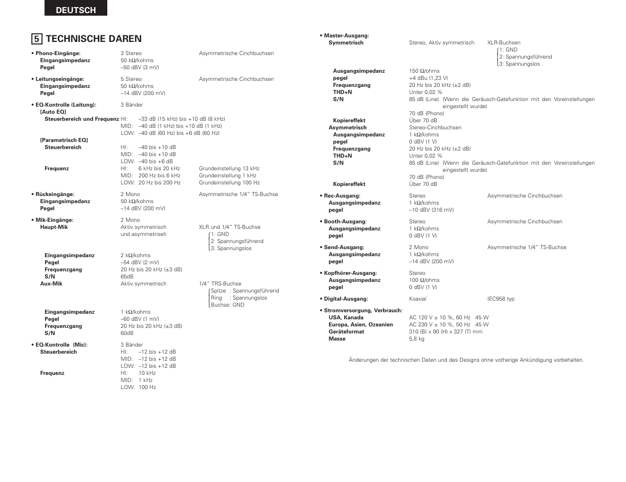 Technische daren, Deutsch | Denon DN-X1500S User Manual | Page 18 / 78