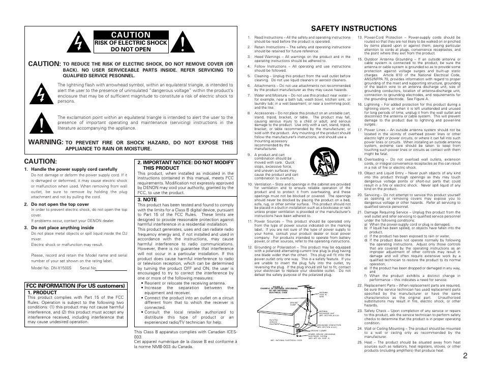 Safety instructions, Caution, Warning | Risk of electric shock do not open | Denon DN-X1500S User Manual | Page 2 / 78