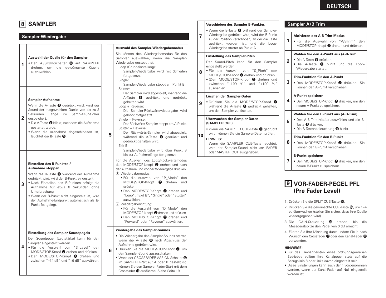 Sampler, Vor-fader-pegel pfl (pre fader level) | Denon DN-X1500S User Manual | Page 21 / 78