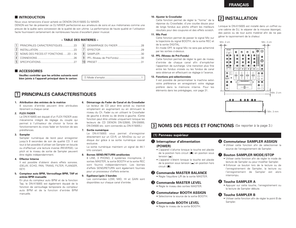 Principales caracteristiques, Installation, Noms des pieces et fonctions | Denon DN-X1500S User Manual | Page 23 / 78