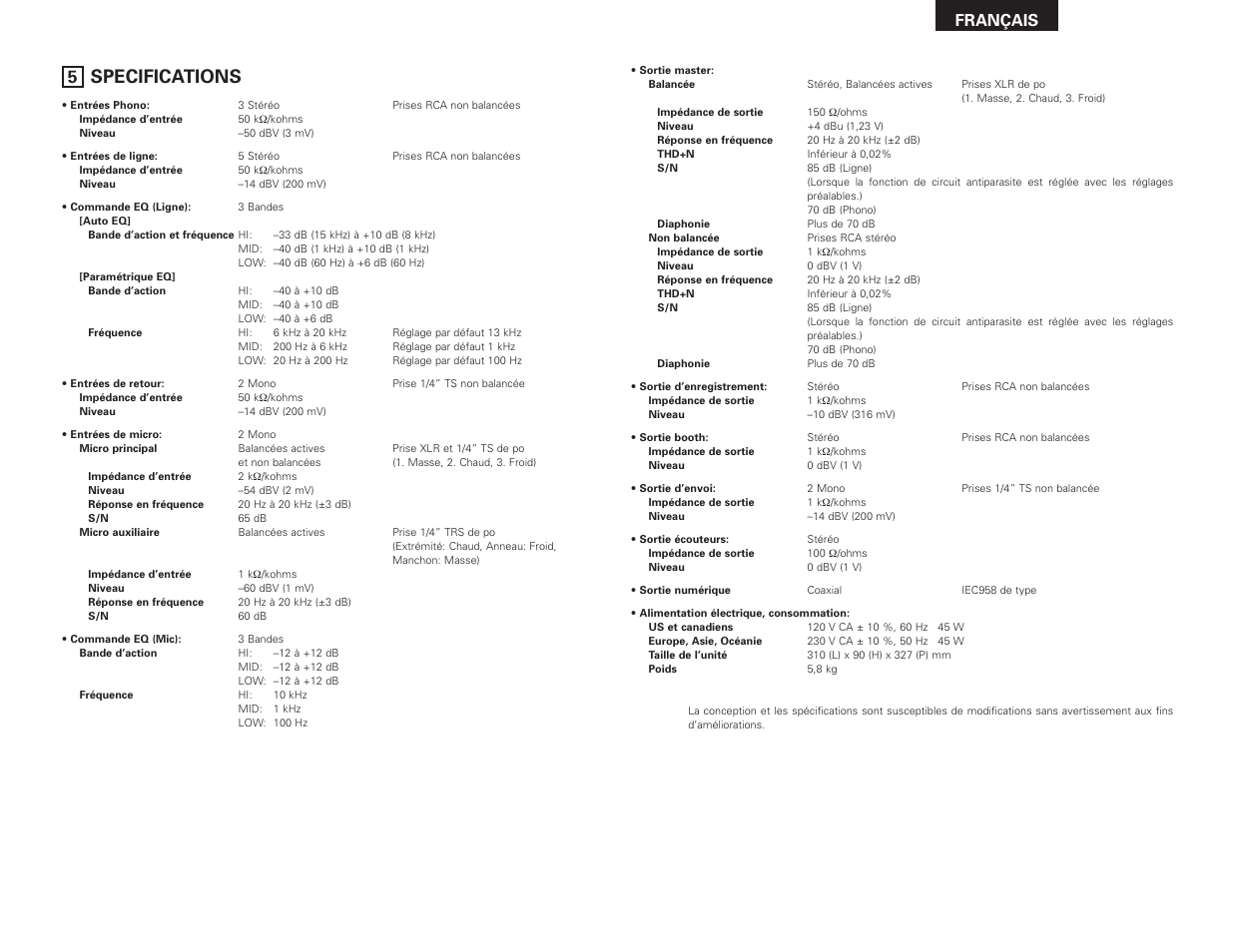 Specifications, Français | Denon DN-X1500S User Manual | Page 27 / 78