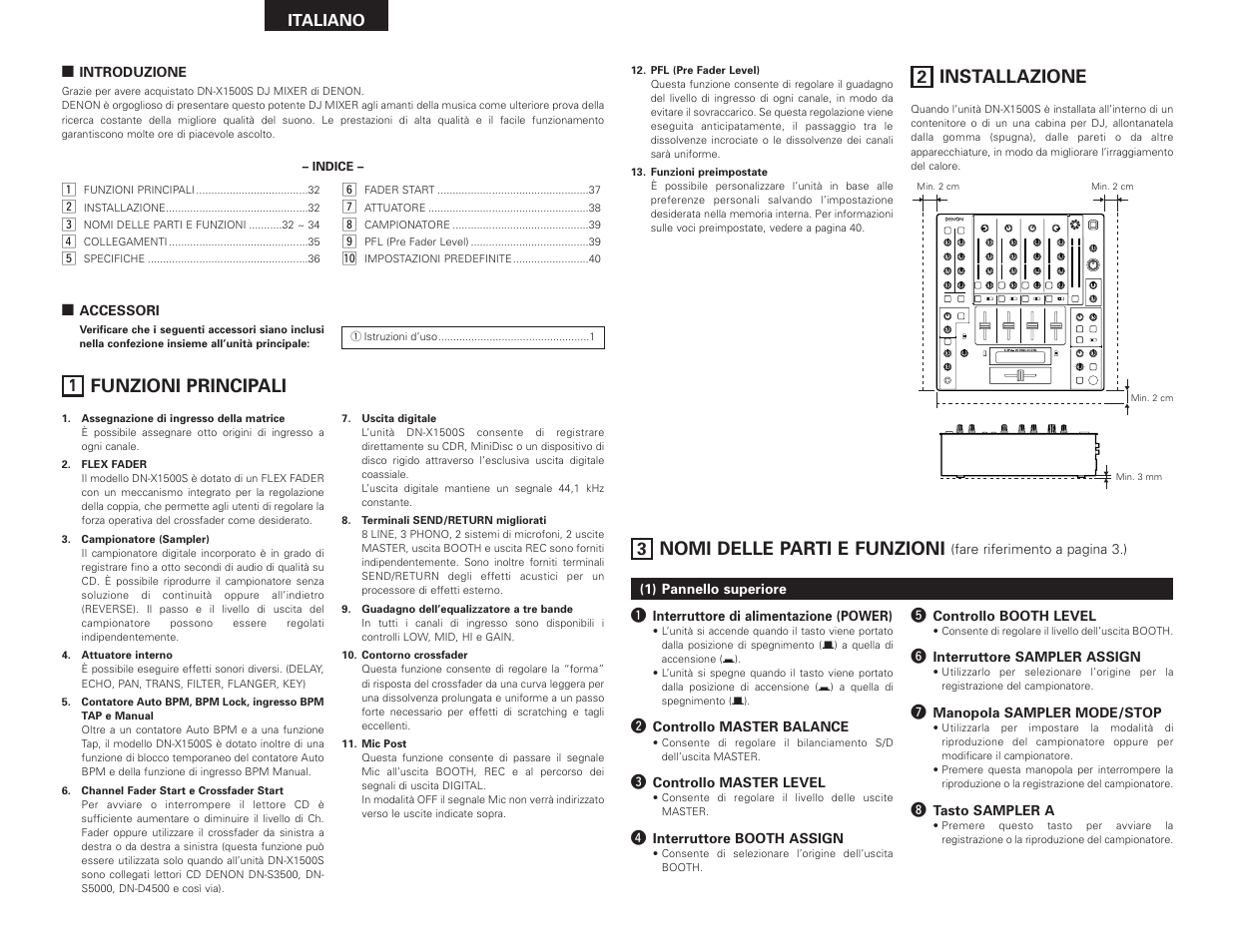 Funzioni principali, Installazione, Nomi delle parti e funzioni | Denon DN-X1500S User Manual | Page 32 / 78