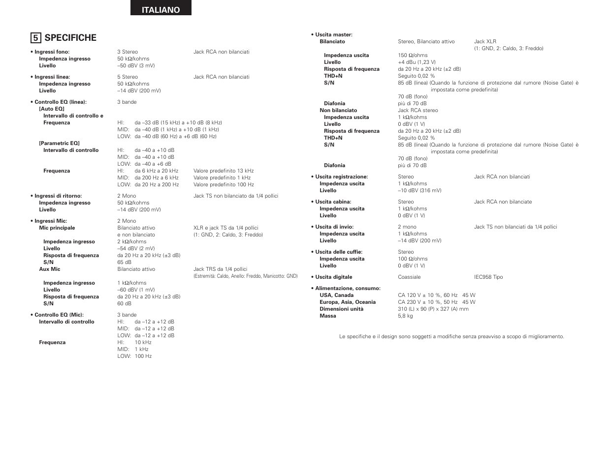 Specifiche, Italiano | Denon DN-X1500S User Manual | Page 36 / 78