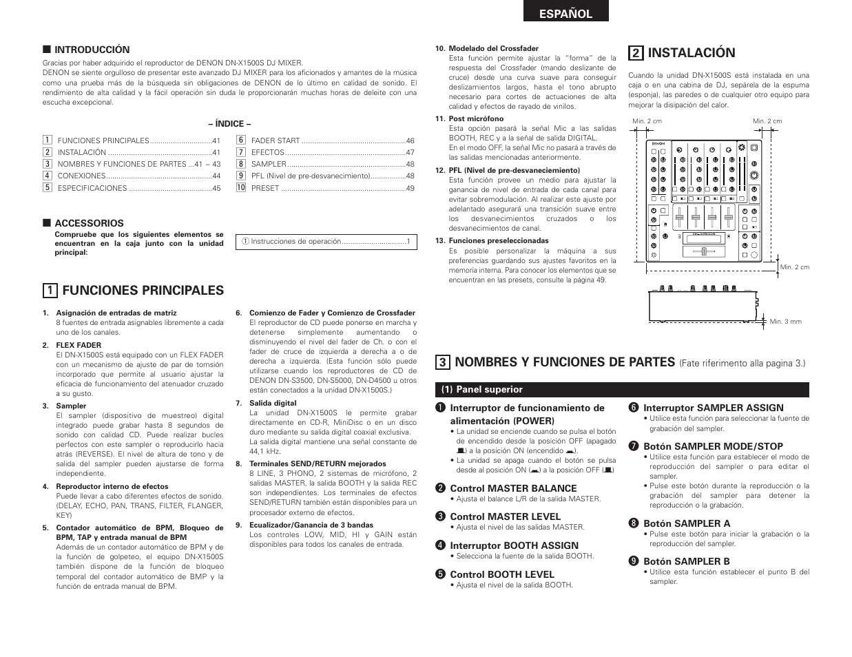 Funciones principales, Instalación, Nombres y funciones de partes | Denon DN-X1500S User Manual | Page 41 / 78
