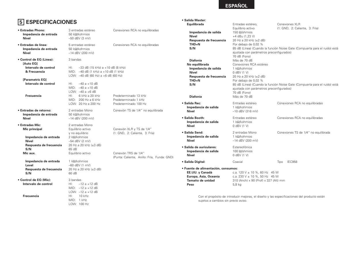 Especificaciones, Español | Denon DN-X1500S User Manual | Page 45 / 78