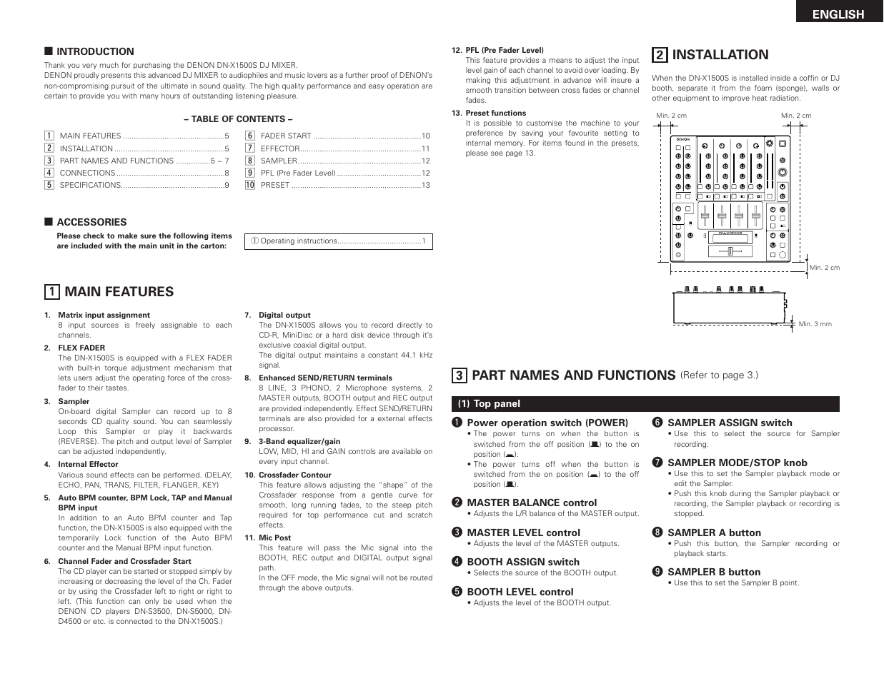 Main features, Installation, Part names and functions | Denon DN-X1500S User Manual | Page 5 / 78