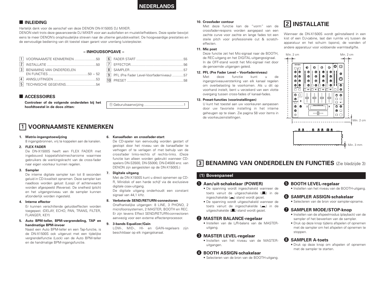 Voornaamste kenmerken, Installatie, Benaming van onderdelen en functies | Denon DN-X1500S User Manual | Page 50 / 78