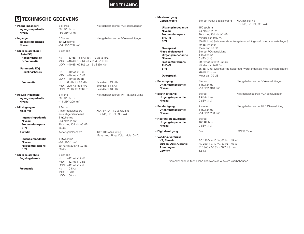 Technische gegevens, Nederlands | Denon DN-X1500S User Manual | Page 54 / 78