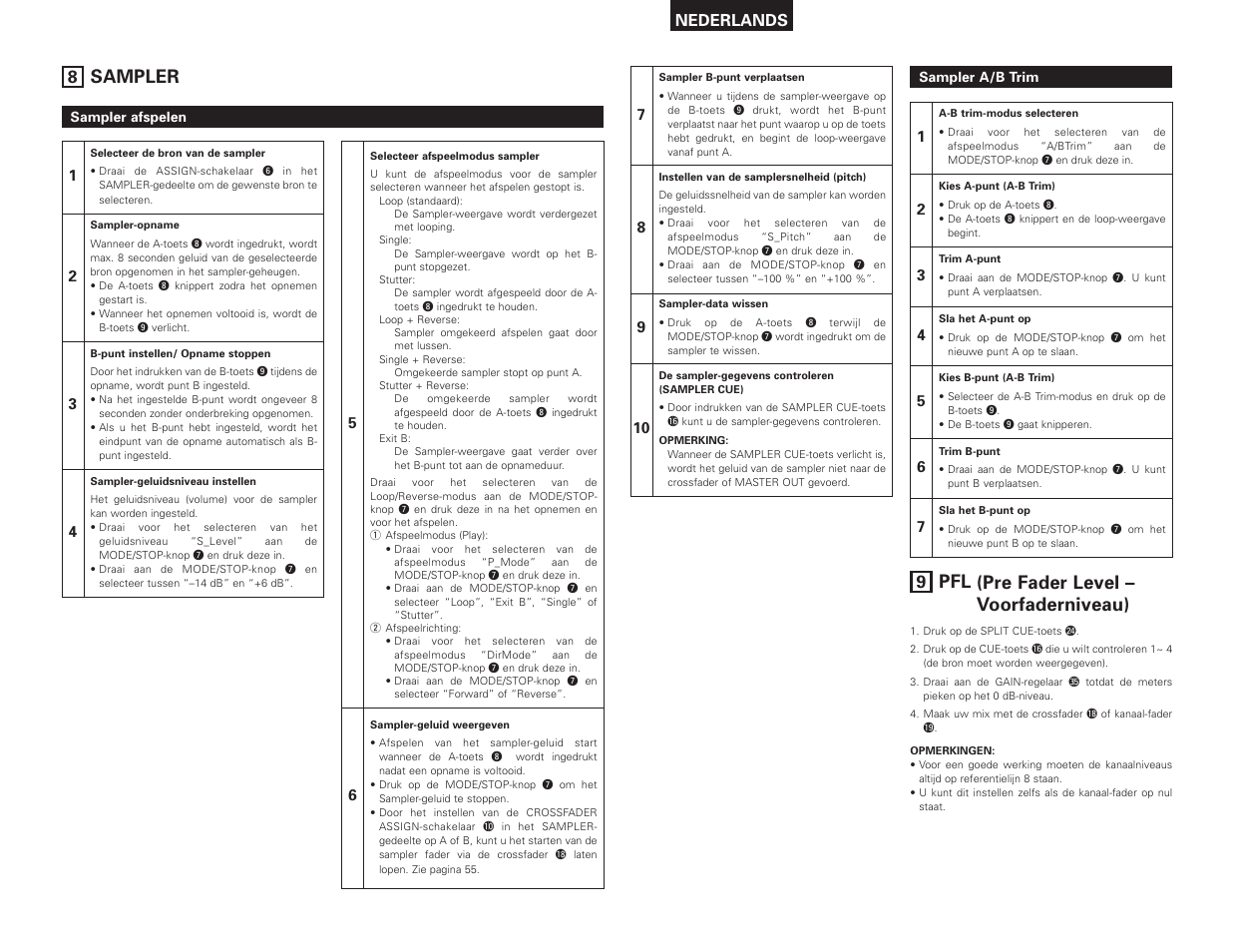 Sampler, Pfl (pre fader level – voorfaderniveau) | Denon DN-X1500S User Manual | Page 57 / 78