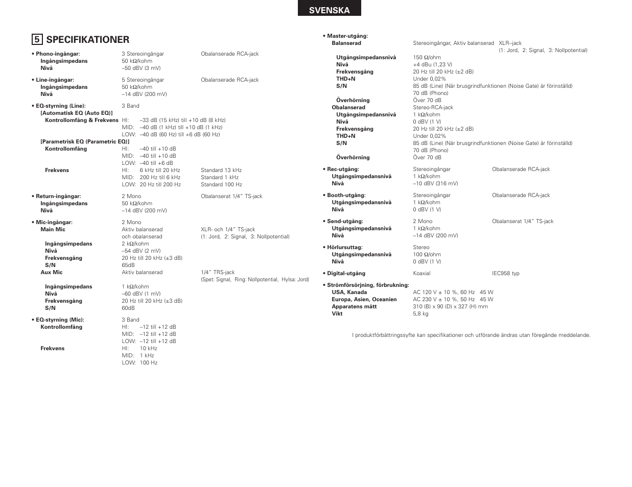 Specifikationer, Svenska | Denon DN-X1500S User Manual | Page 63 / 78