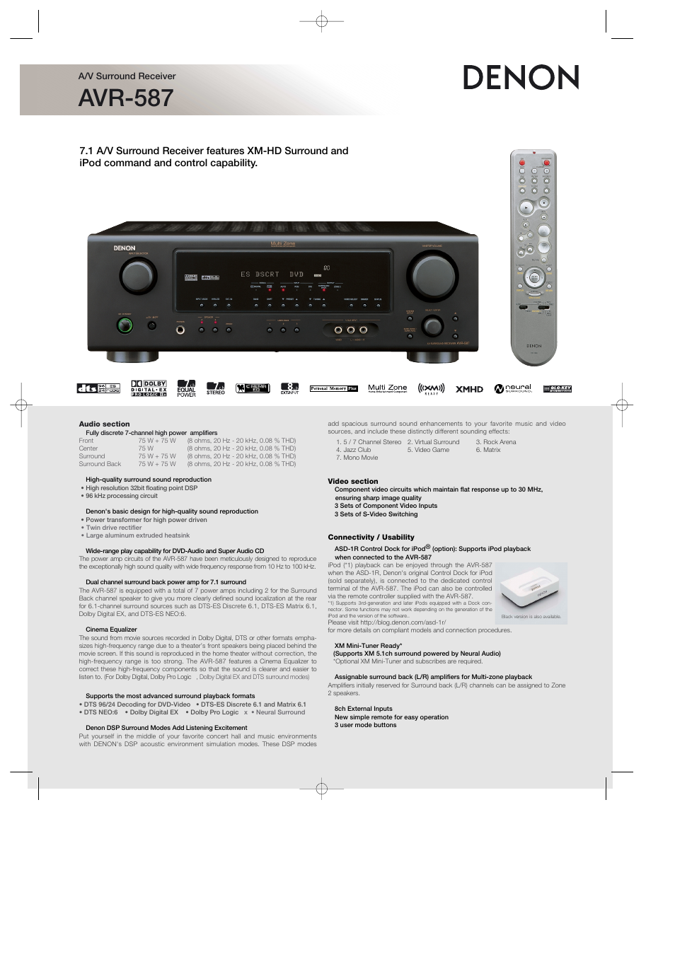 Denon A/V SURROUND RECEIVER AVR-587 User Manual | 2 pages