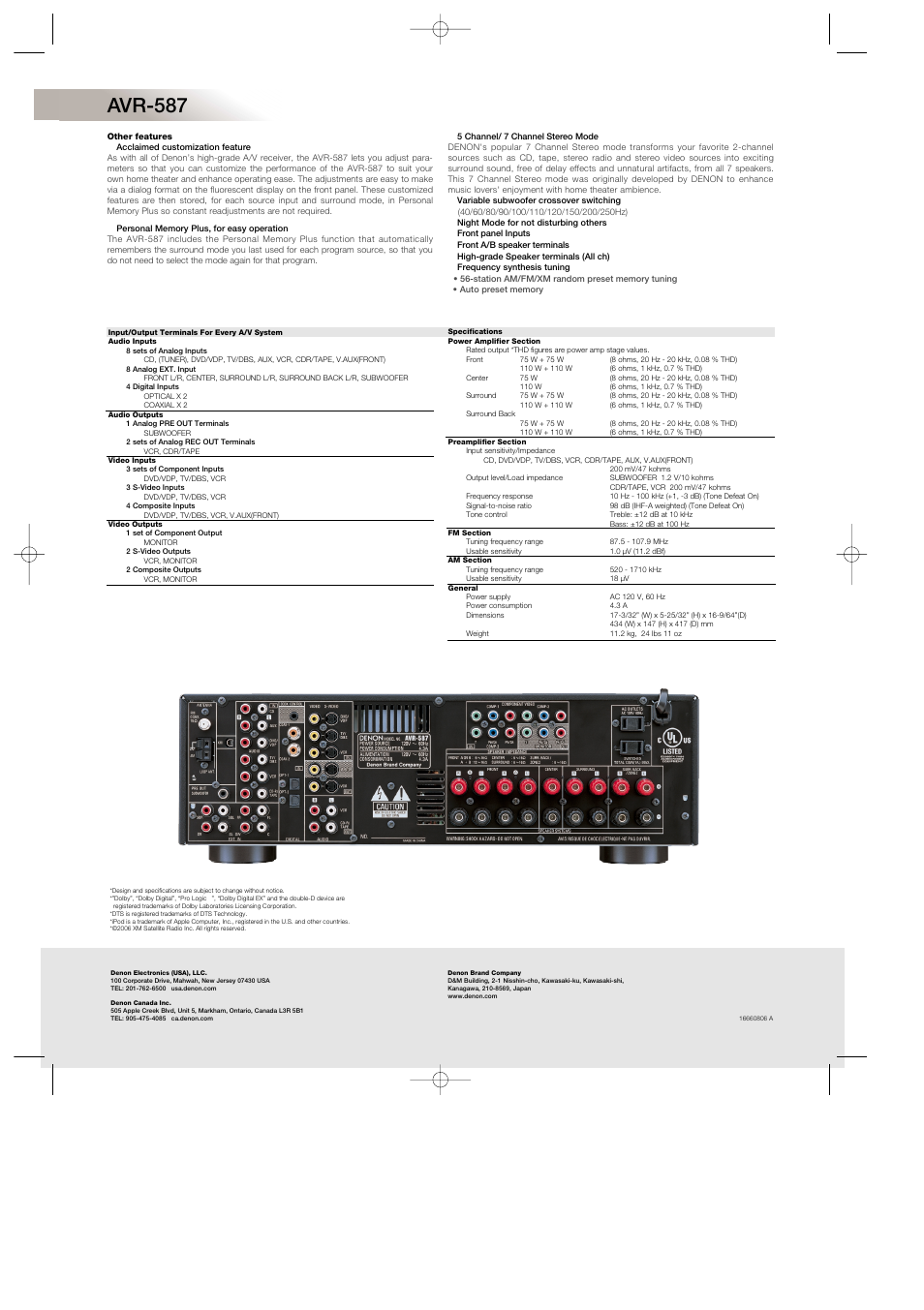 Avr-587 | Denon A/V SURROUND RECEIVER AVR-587 User Manual | Page 2 / 2