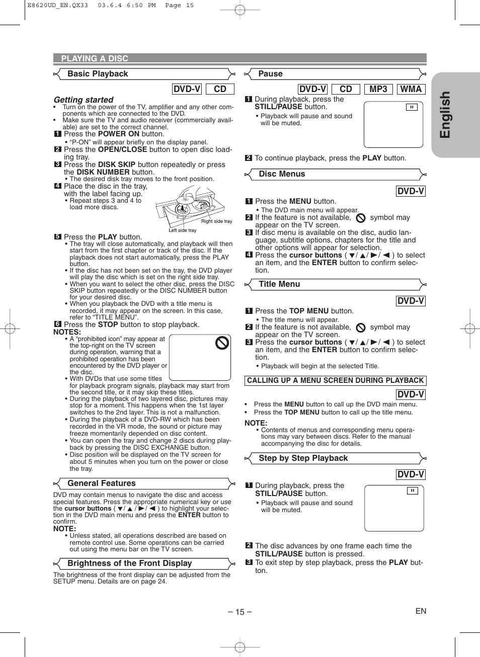 Playing a disc, English, Dvd-v | Wma mp3 cd dvd-v, Cd dvd-v | Denon DVM-715 User Manual | Page 15 / 86