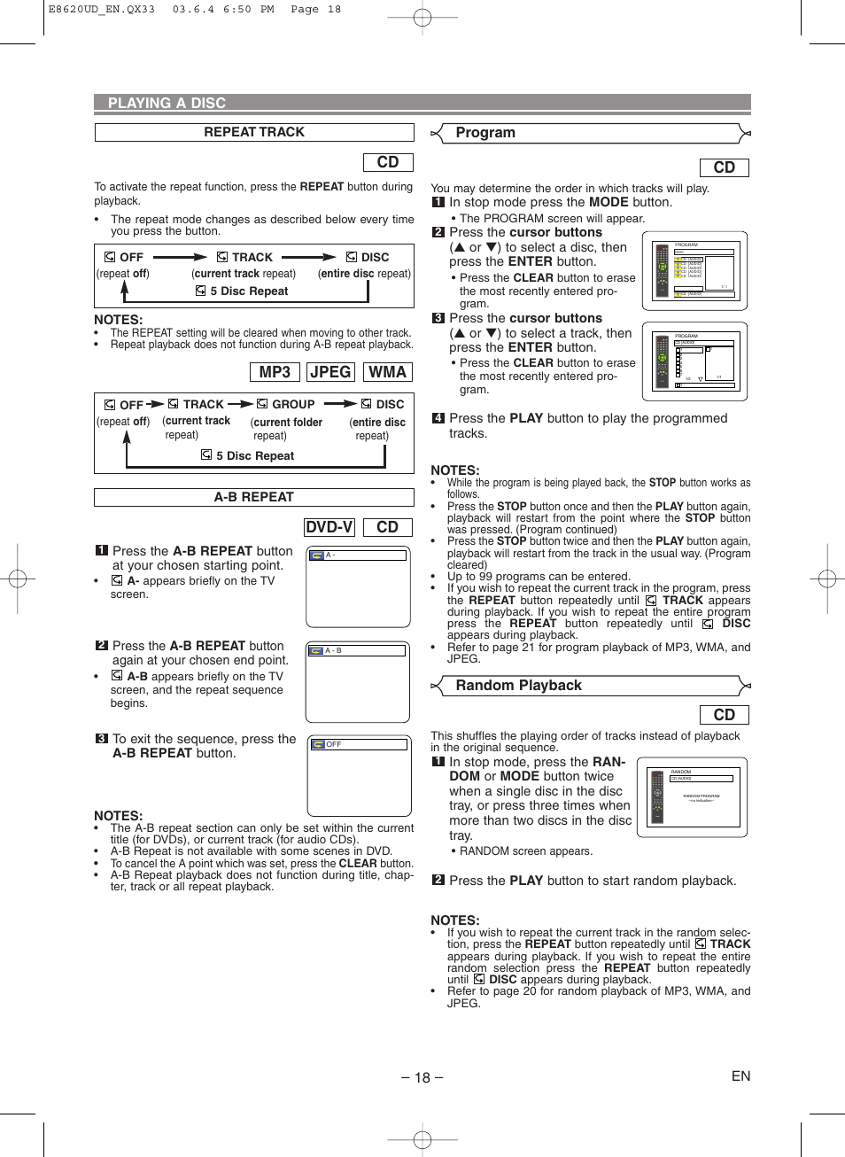 Cd dvd-v, Wma jpeg mp3, Playing a disc | Random playback, Program | Denon DVM-715 User Manual | Page 18 / 86