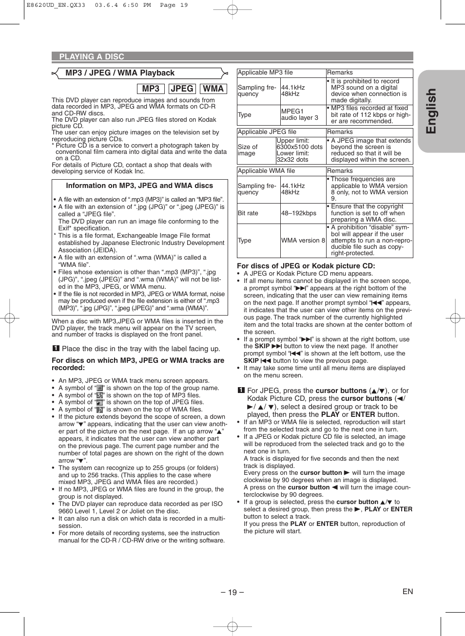 English, Wma jpeg mp3 | Denon DVM-715 User Manual | Page 19 / 86