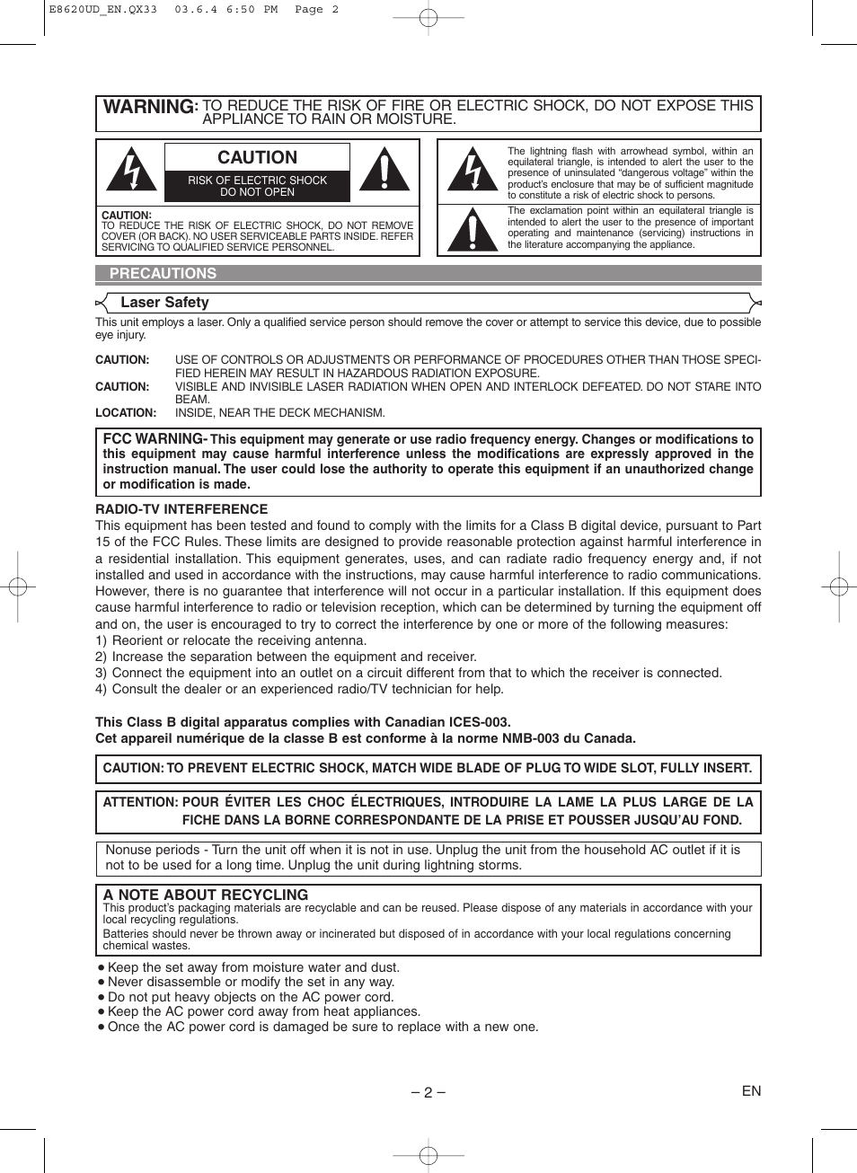 Precautions, Warning, Caution | Denon DVM-715 User Manual | Page 2 / 86