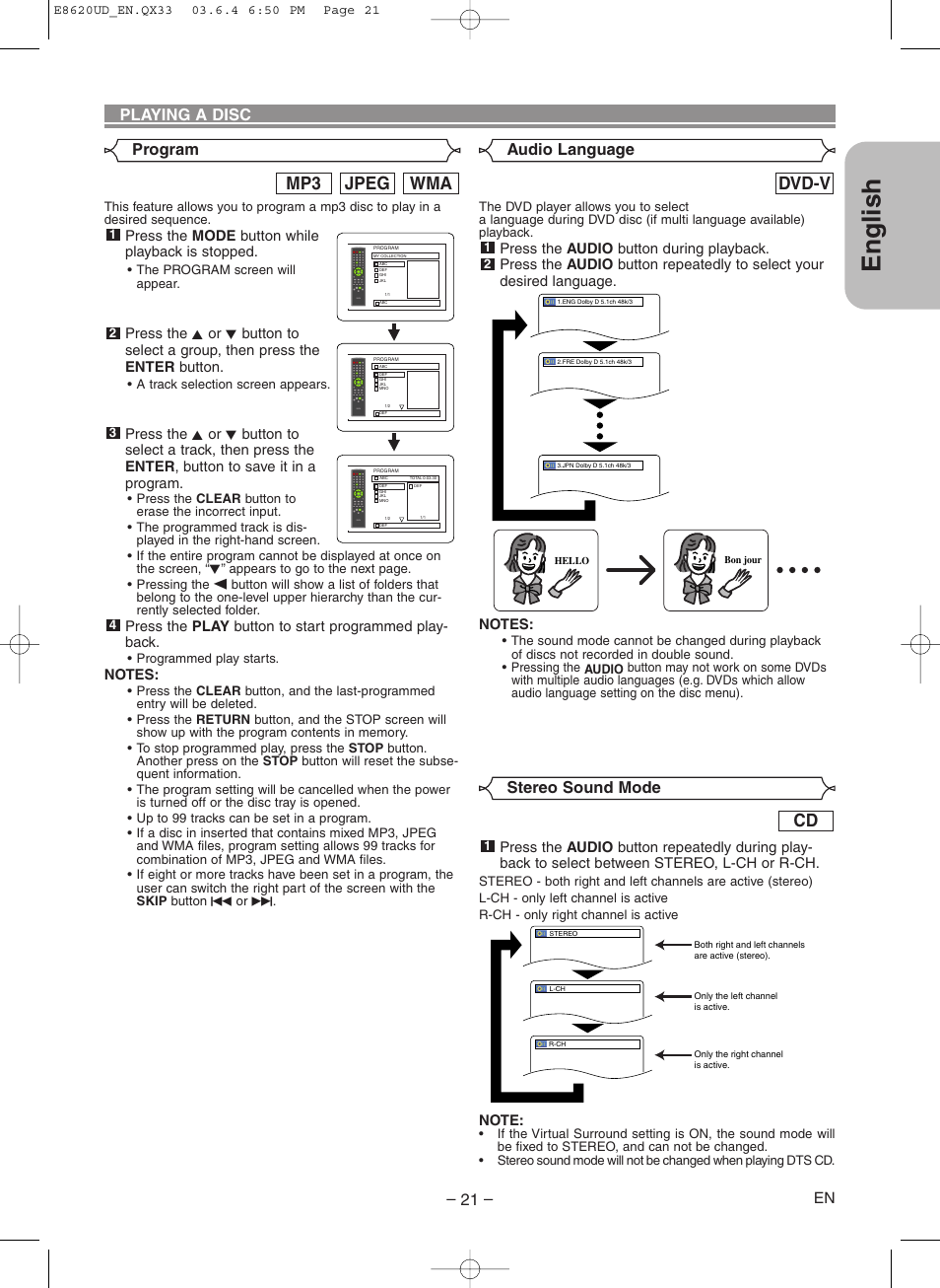 English, Wma jpeg mp3, Dvd-v | Playing a disc program, Audio language, Stereo sound mode | Denon DVM-715 User Manual | Page 21 / 86