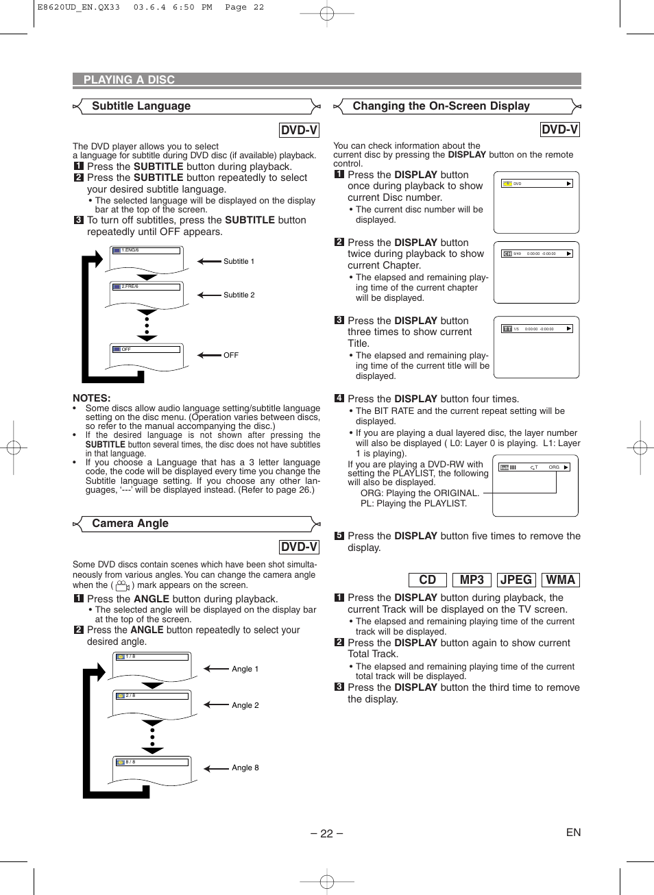 Dvd-v, Wma jpeg mp3 cd | Denon DVM-715 User Manual | Page 22 / 86