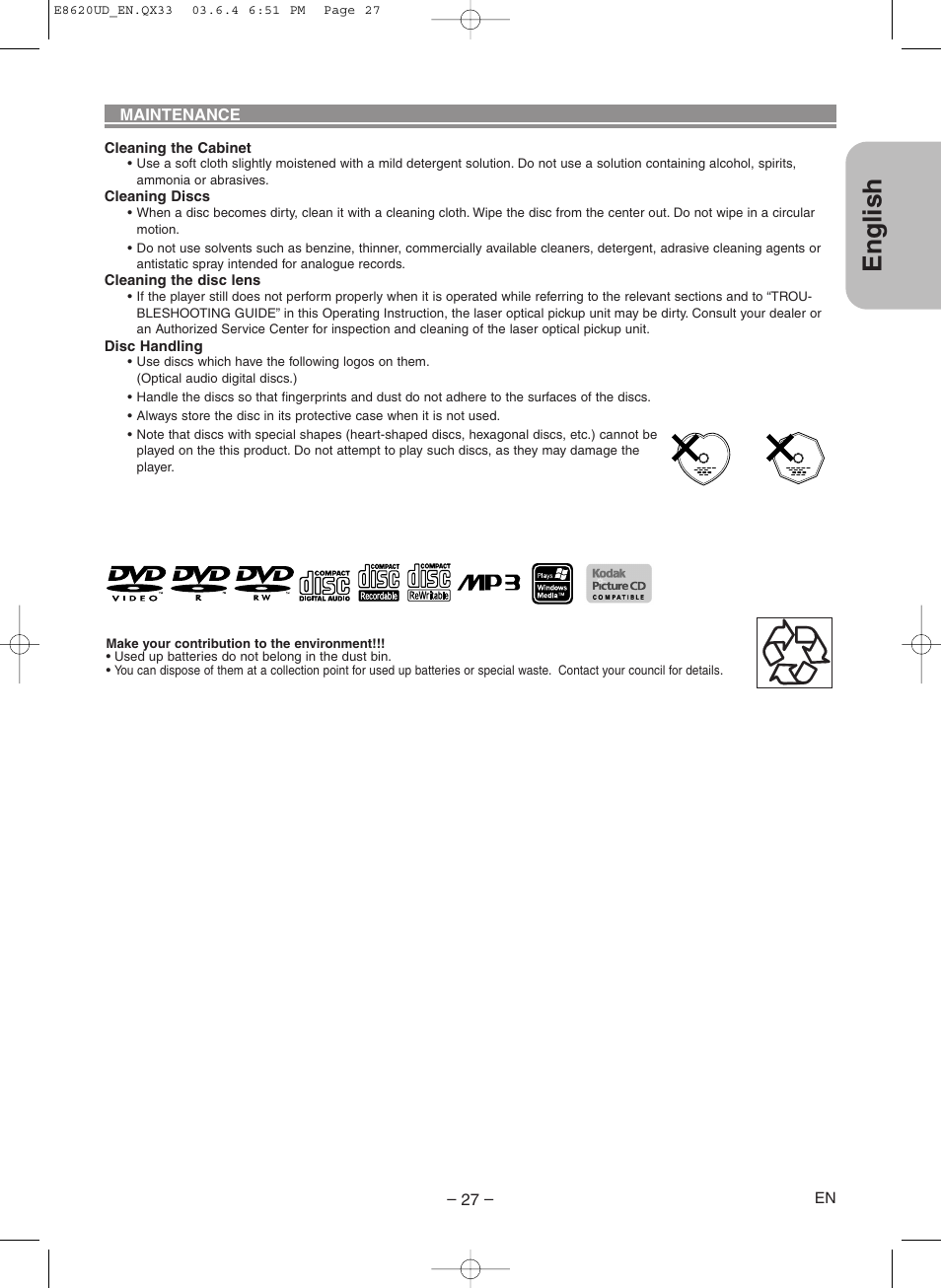 Maintenance, English | Denon DVM-715 User Manual | Page 27 / 86