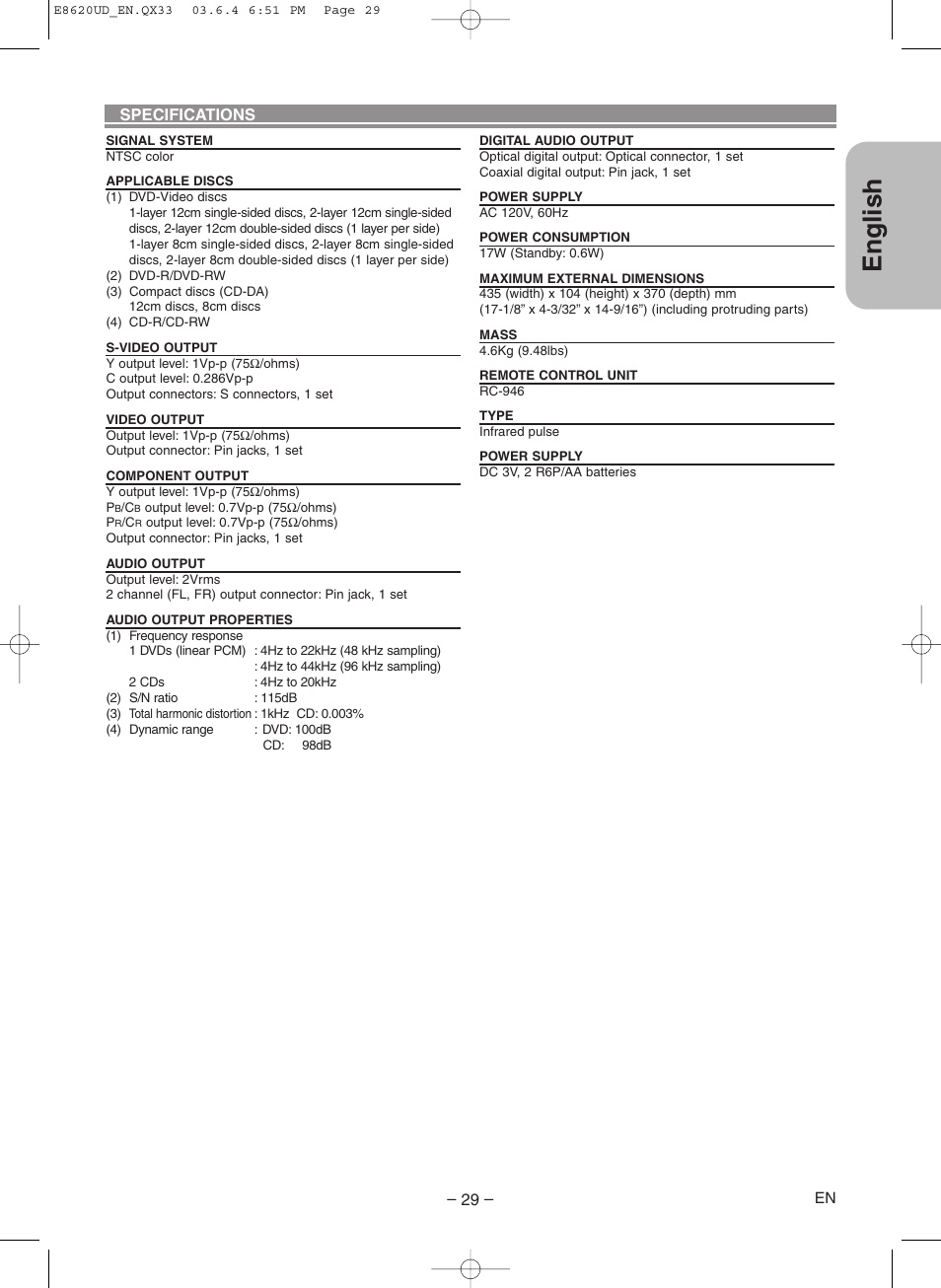 Specifications, English | Denon DVM-715 User Manual | Page 29 / 86