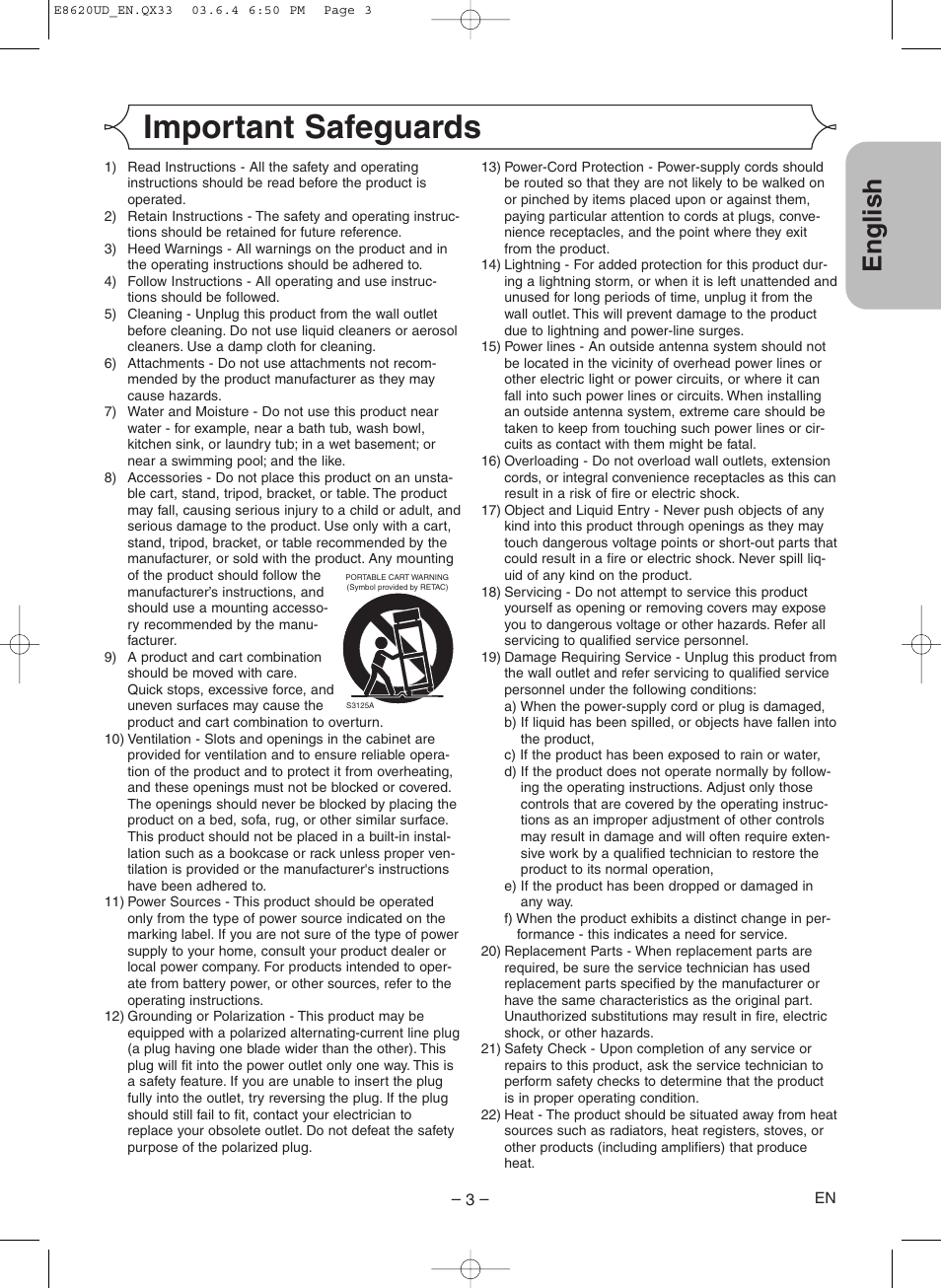 English, Important safeguards | Denon DVM-715 User Manual | Page 3 / 86