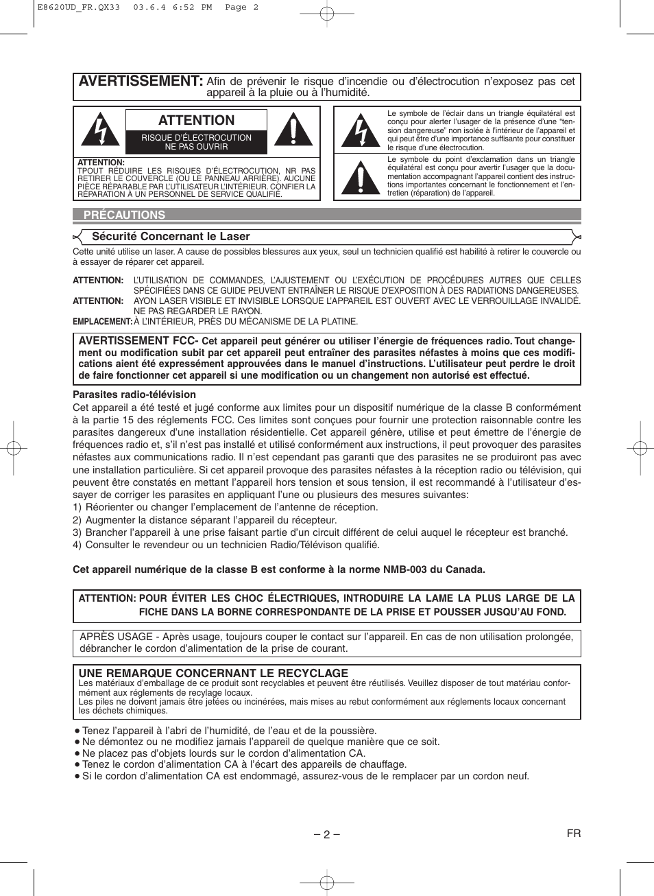 Français, Avertissement, Attention | Denon DVM-715 User Manual | Page 30 / 86