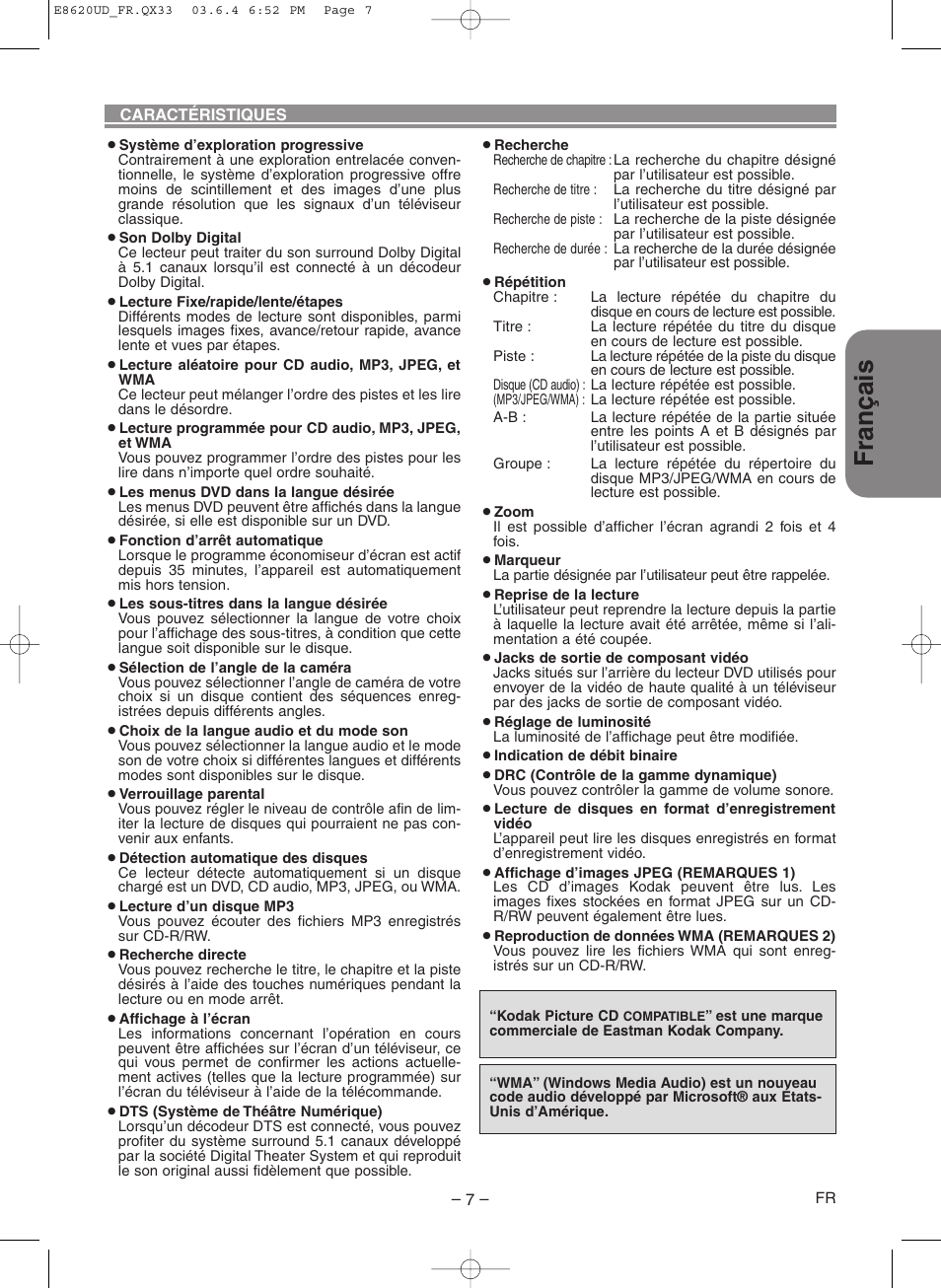 Fran ç ais | Denon DVM-715 User Manual | Page 35 / 86