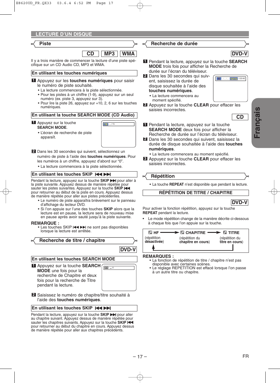 Fran ç ais, Wma mp3 cd, Dvd-v | Denon DVM-715 User Manual | Page 45 / 86